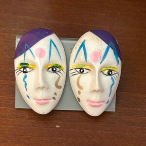 Vtg 80s 90s Ceramic Face Clip-On Earrings | Hand Painted Harlequin Clowncore Art